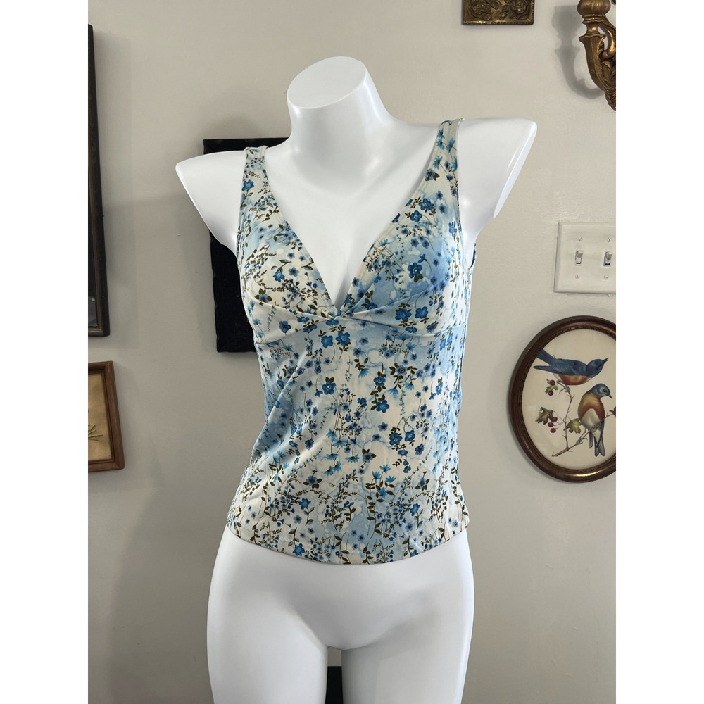 Vintage Forever 21 Blue White Floral V-Neck Sleeveless Tank Top Size M